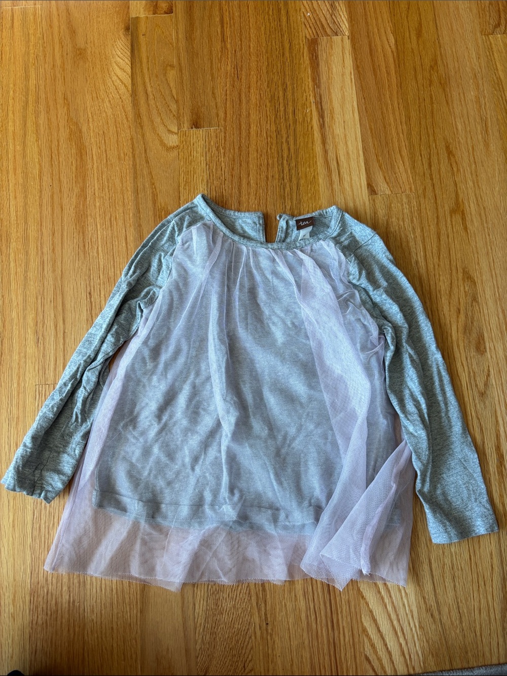 Tea Collection Girls' Gray Long-Sleeve Top with Pink Tulle Overlay